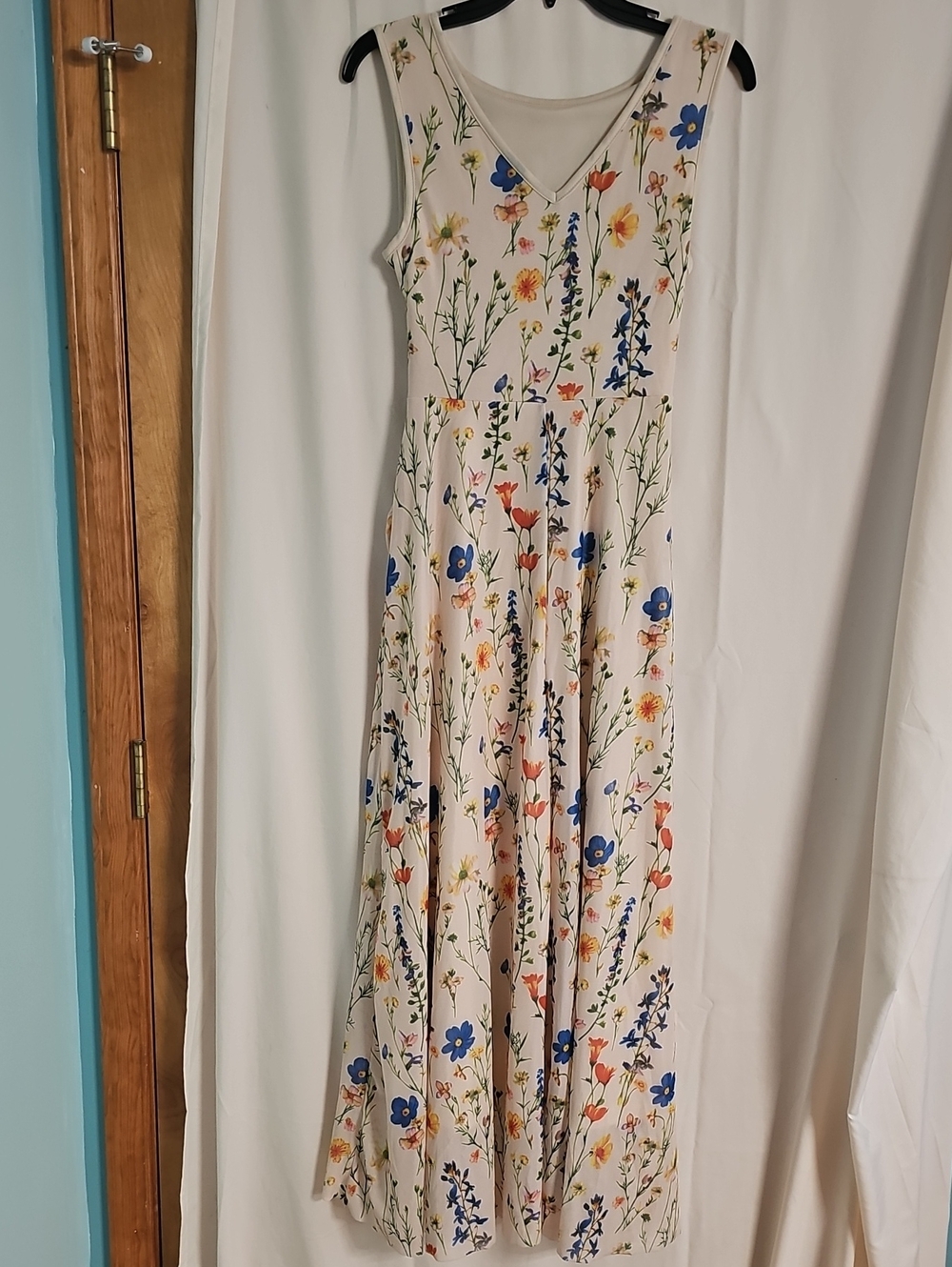Floral V-Neck Maxi Dress in Cream with Blue & Orange Blooms
